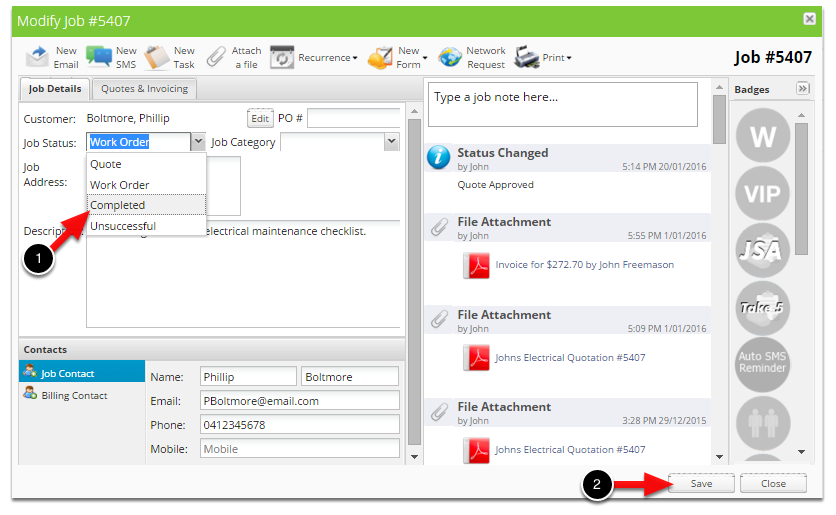 Change the job status to Completed, click Save