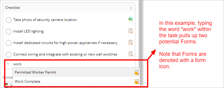 searching for forms within checklist tasks