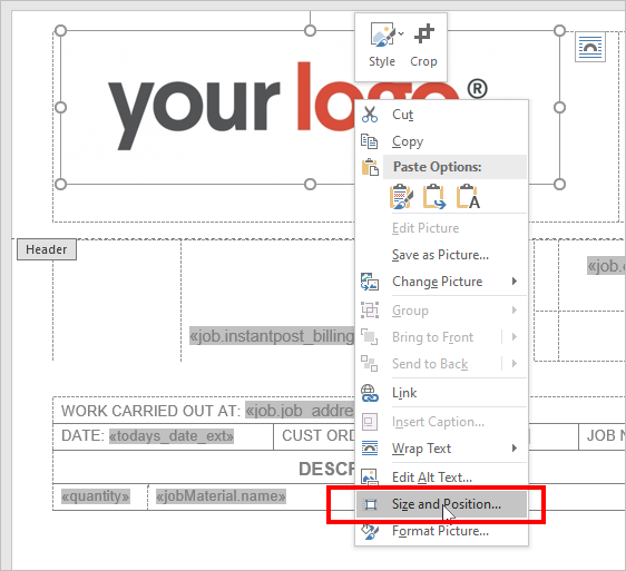 image size and position in Word