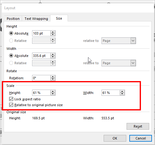 adjusting height and width of images in Word