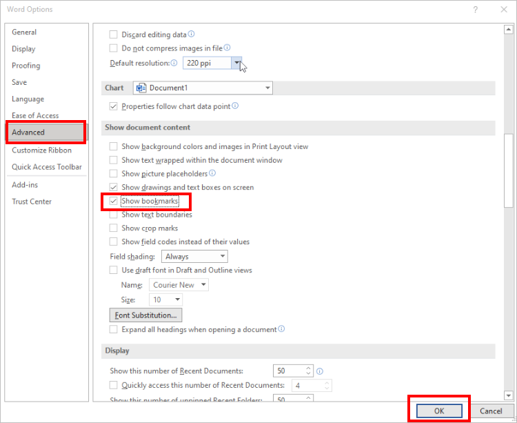 showing bookmarks in Word
