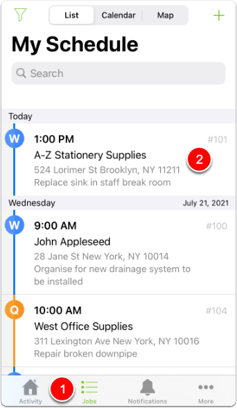 tapping Jobs and selecting a job from the app