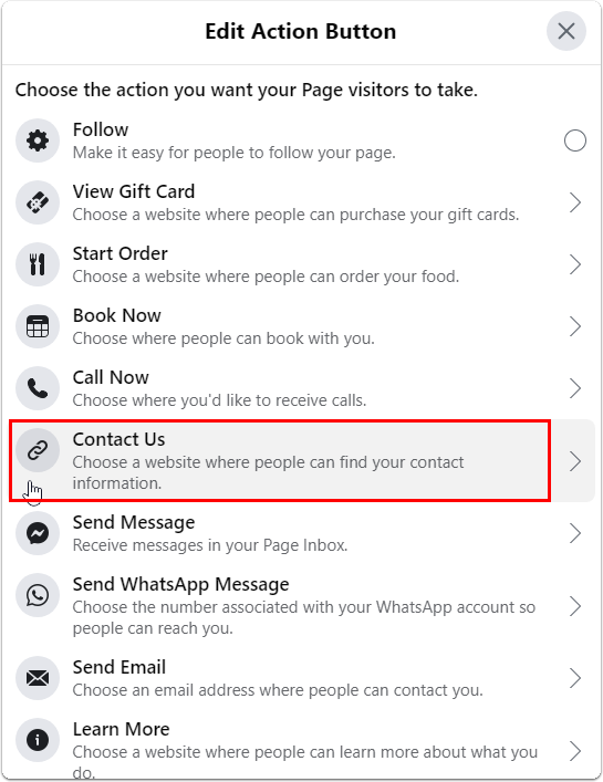 selecting Contact Us as action button