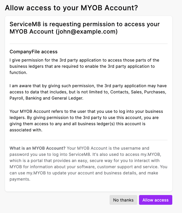 Allow access prompt in MYOB