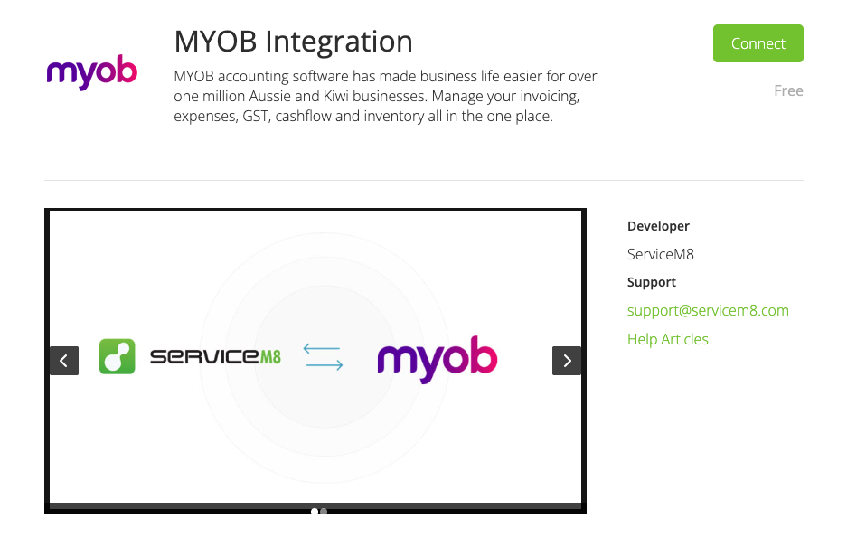 MYOB Integration add-on with Connect button