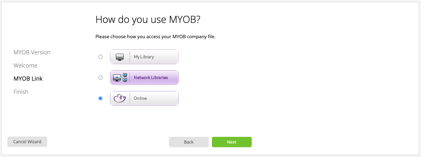 MYOB Link step with Online selected