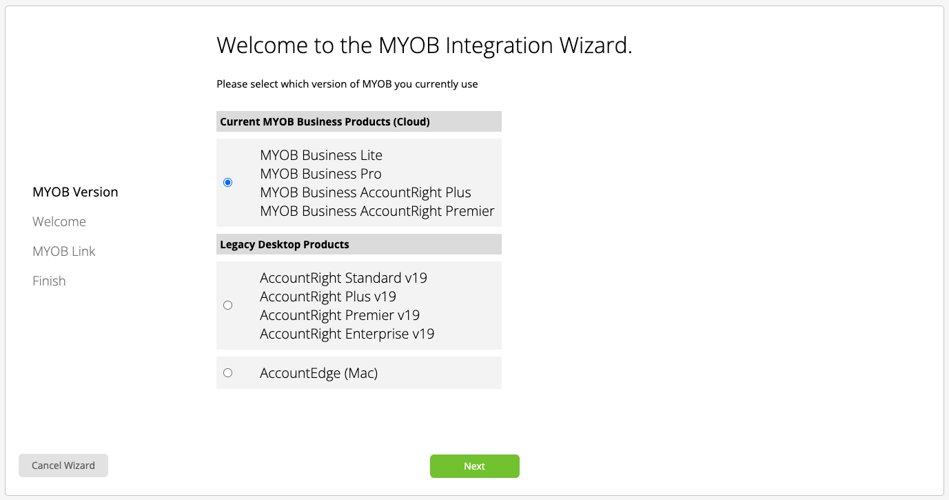 MYOB version step in the integration wizard