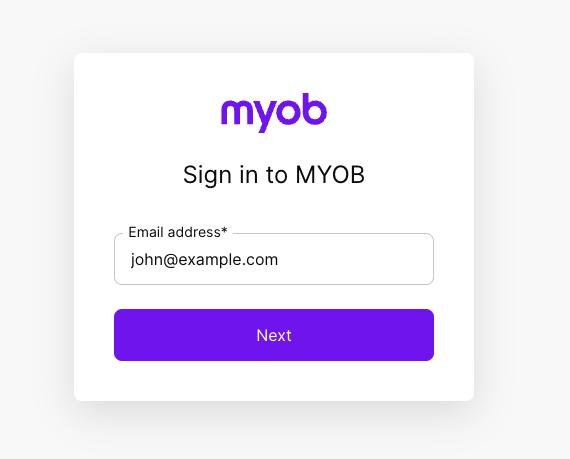 MYOB sign-in screen