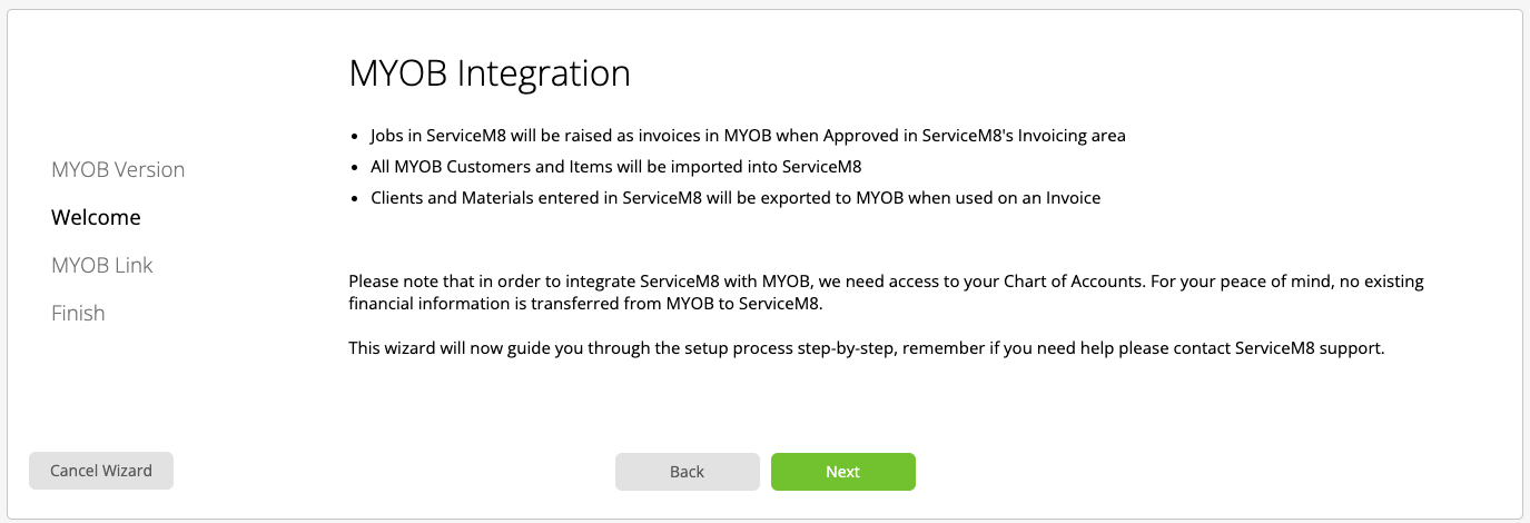 Welcome step in the MYOB integration wizard