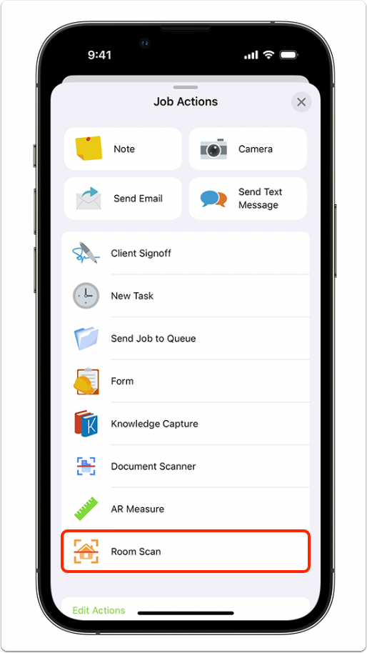 Room Scan option in job action bar
