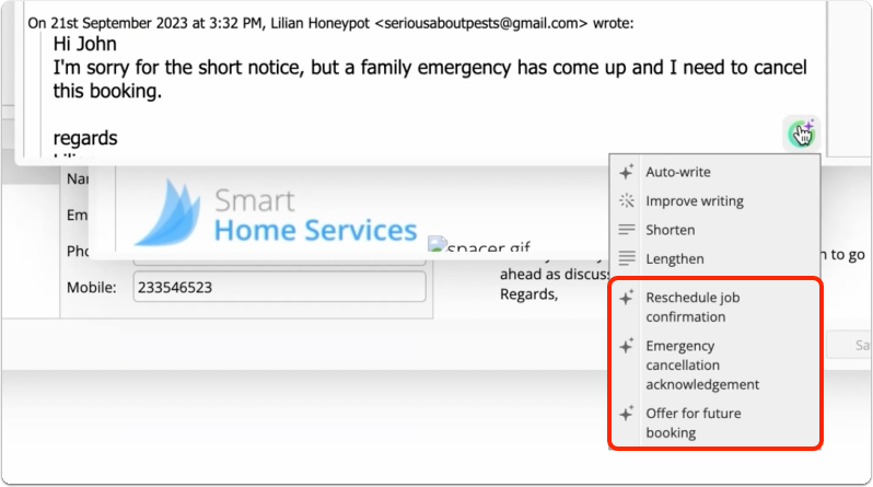 Reply suggestion options for customer email