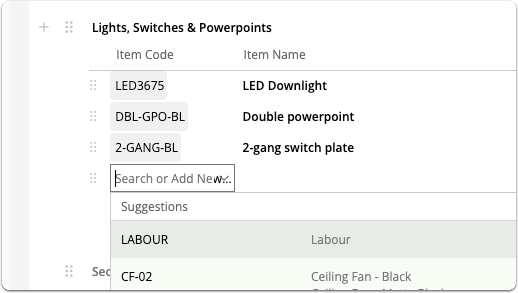 Searching for items in materials section
