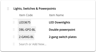 Fixed materials section with all items included