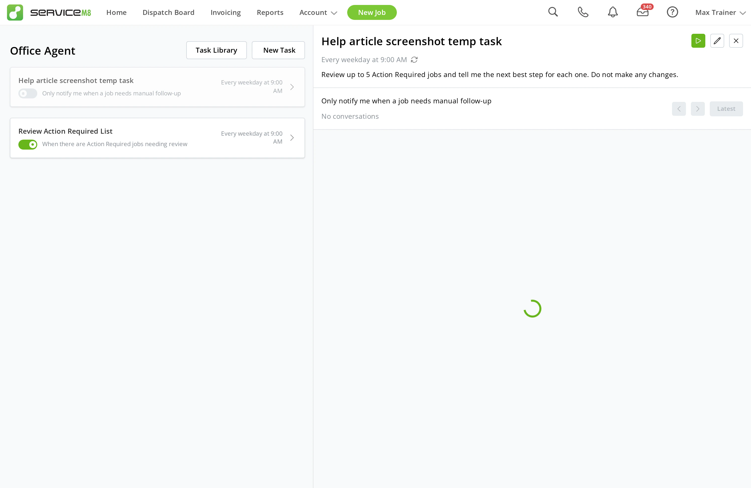 A manually created Office Agent task starts in the off state