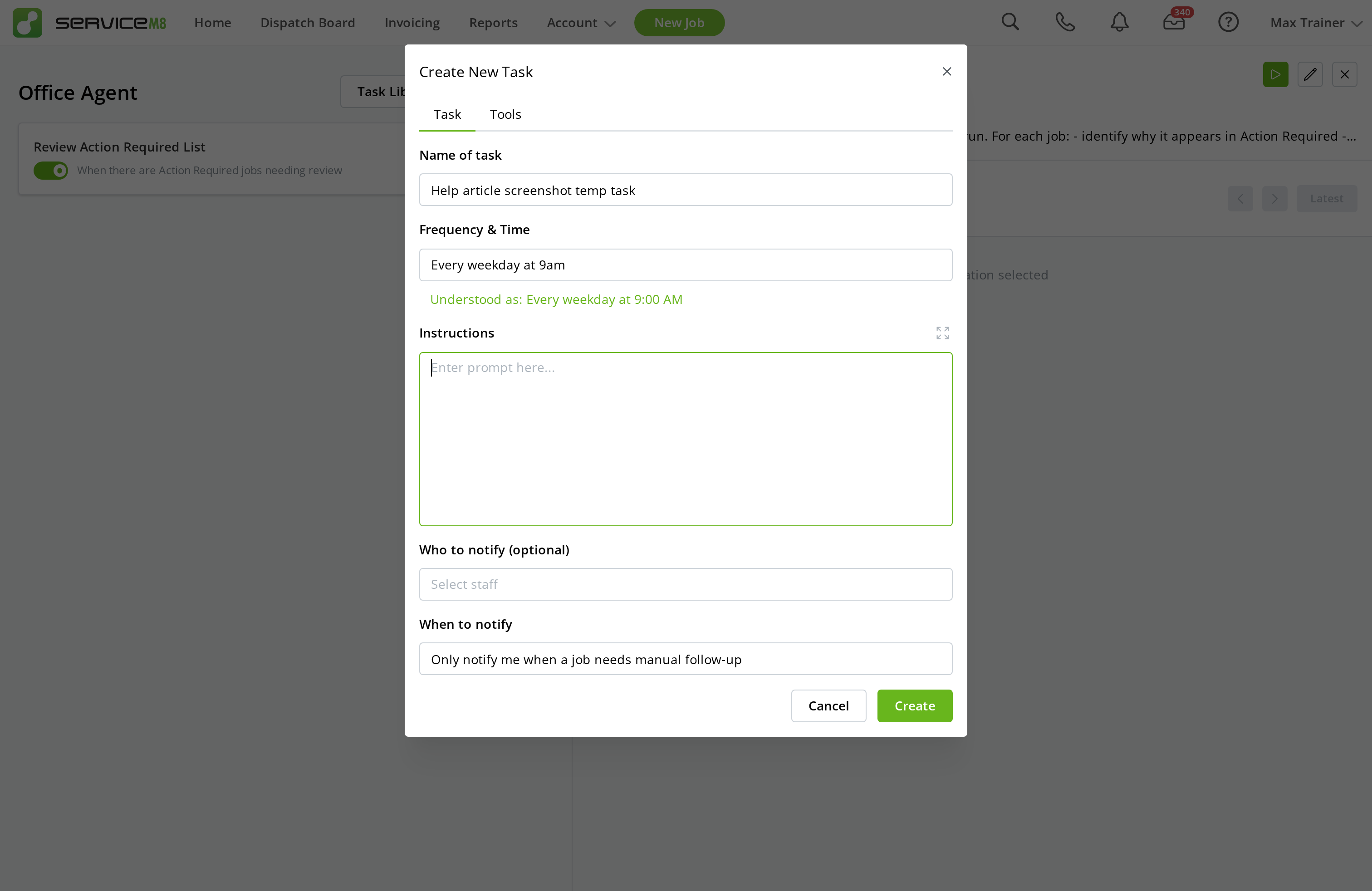 Office Agent showing the understood Frequency & Time value