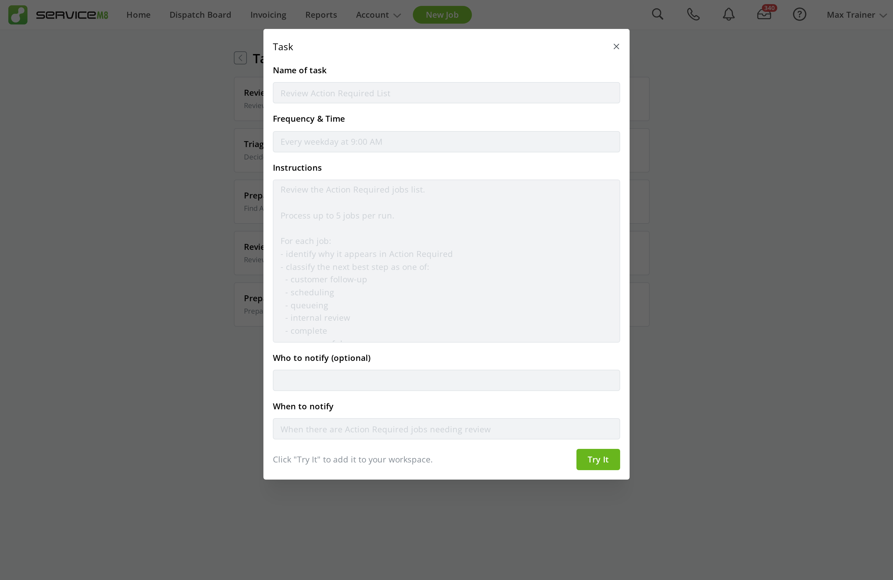 Task Library task preview with the Try It button