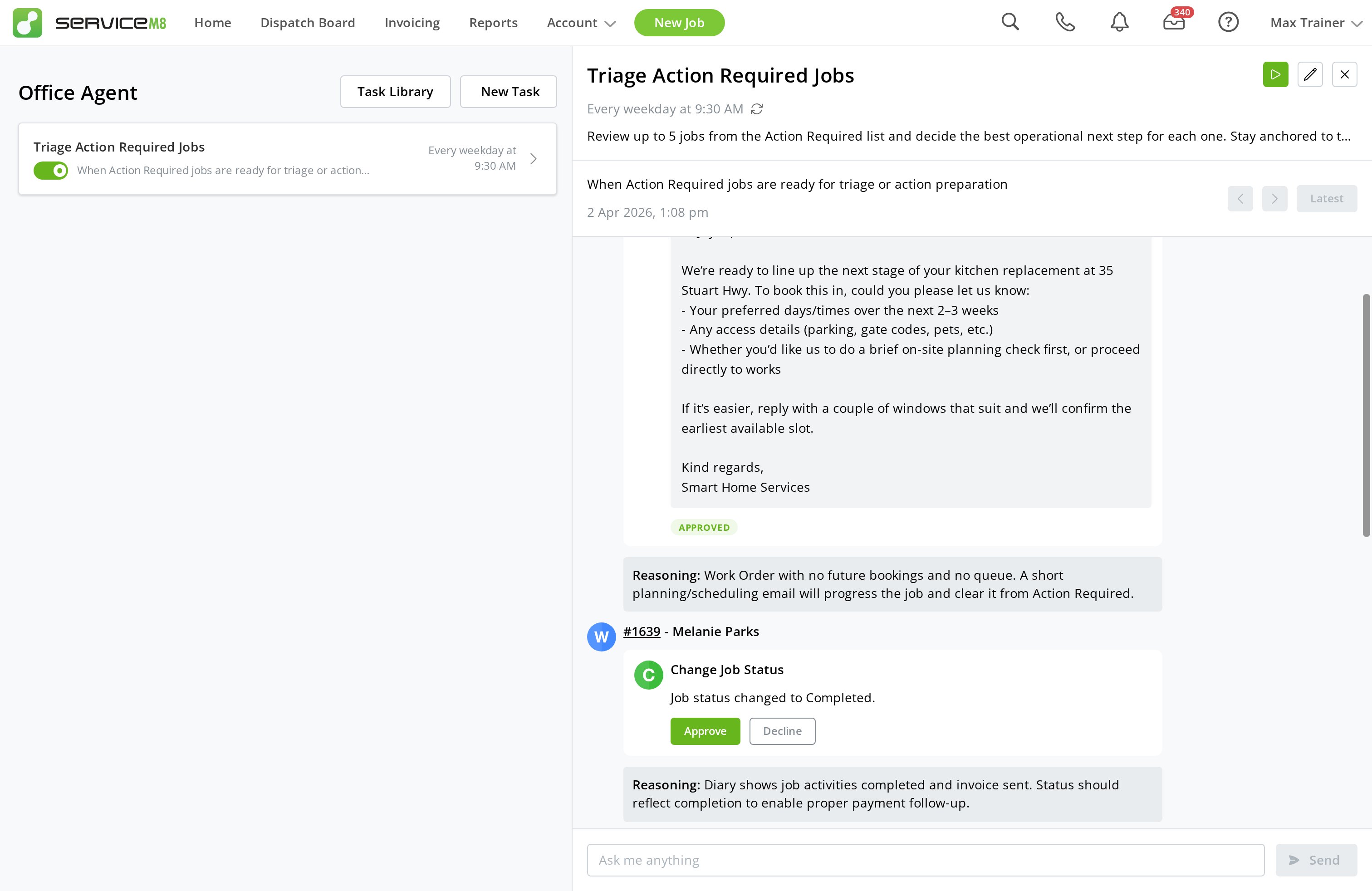 Office Agent showing an approved action in the task conversation