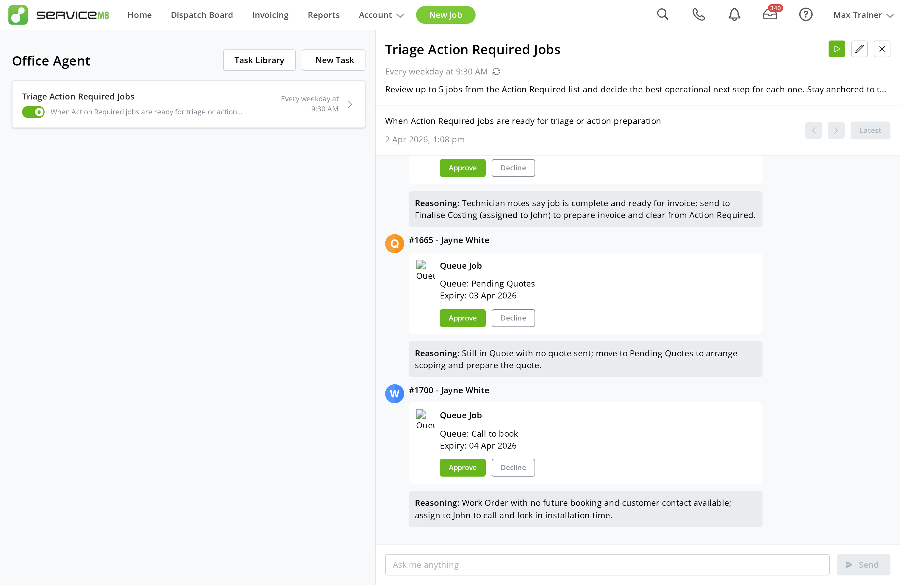 Office Agent showing multiple pending approval actions in a task conversation
