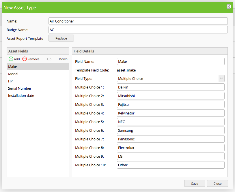New Asset Type configuration window