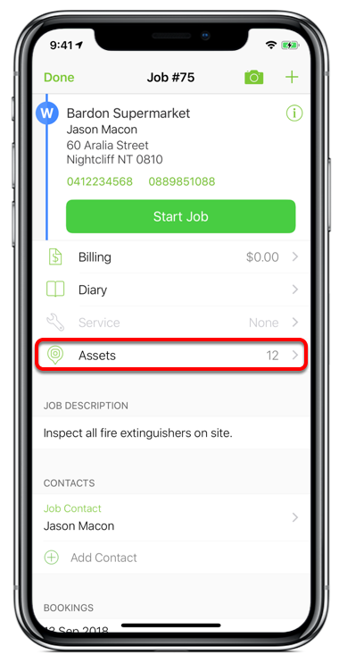 Assets menu in the app for a job