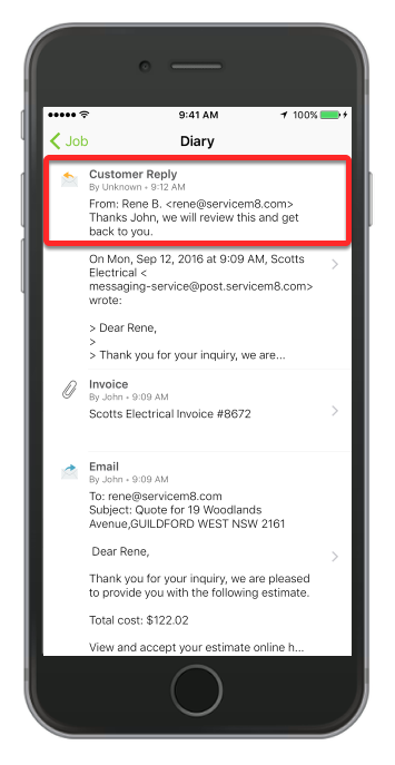 The client's reply is added to the job diary