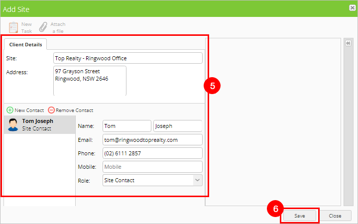 save new site information