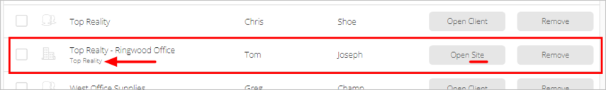 new site showing in client list