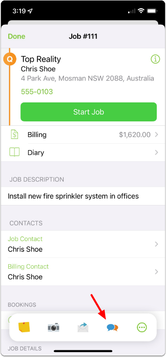 sms in the job actions bar