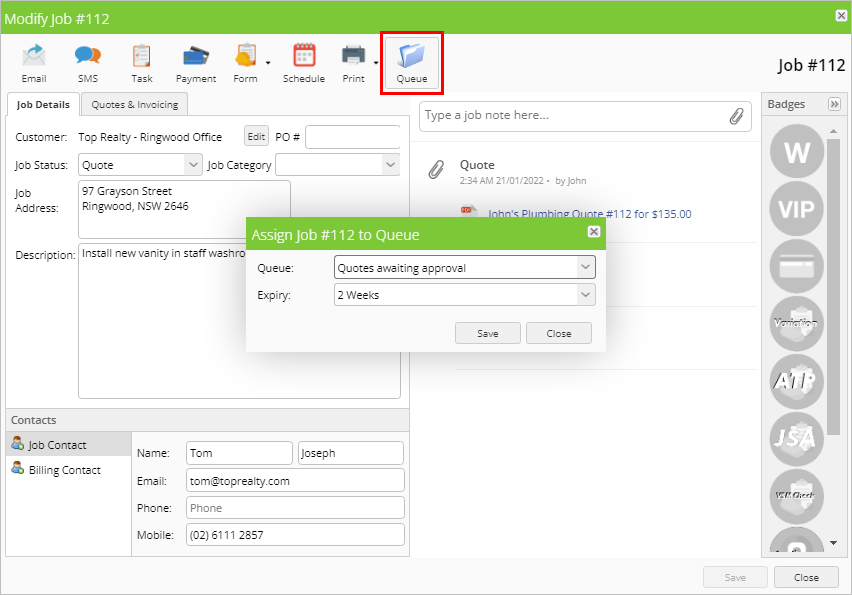 moving a job to a queue from the job card