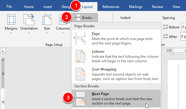adding a new page section break