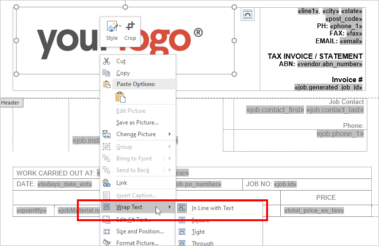 wrap text image settings in Word