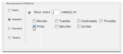 Set the recurrence pattern to weekly, every two weeks and tick Friday