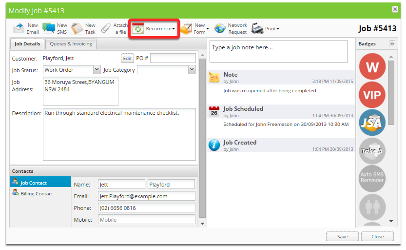 With the job card open, click the Recurrence button