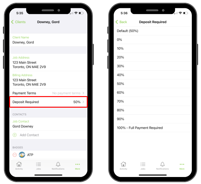 Setting custom deposit requirements for specific clients on the ServiceM8 mobile app