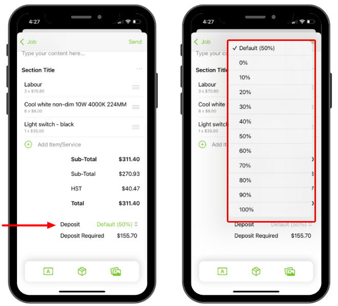 adjusting deposits in proposals using the app