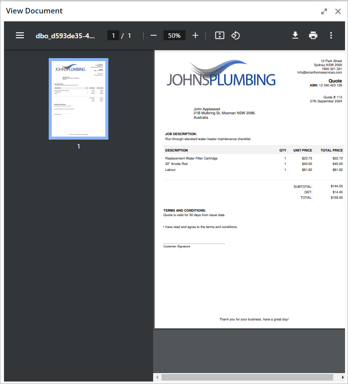 sample of PDF produced as quote