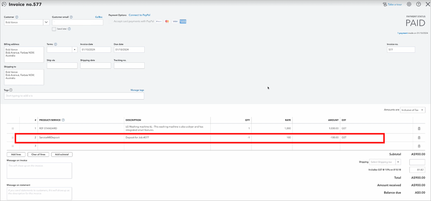 deposit as line item in job invoice in QBO