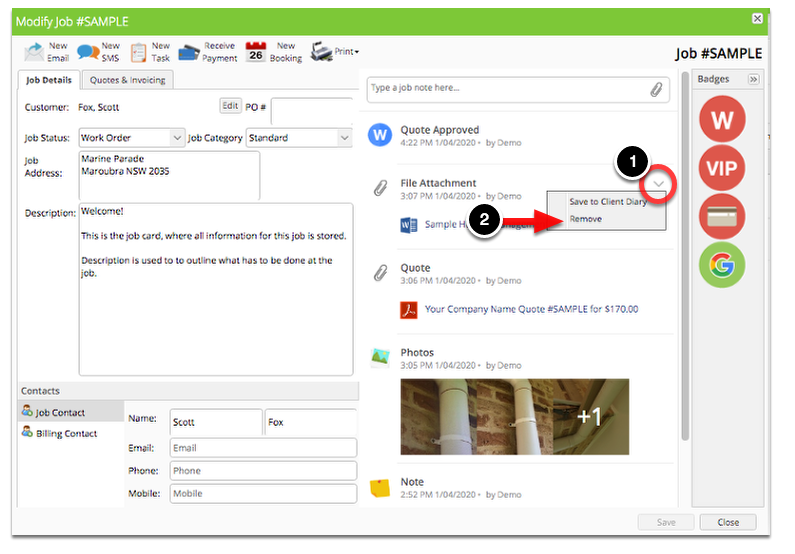 If you hover the mouse pointer to any of the items then you should see a red mark ( x ) icon, click on it to remove a file or note.