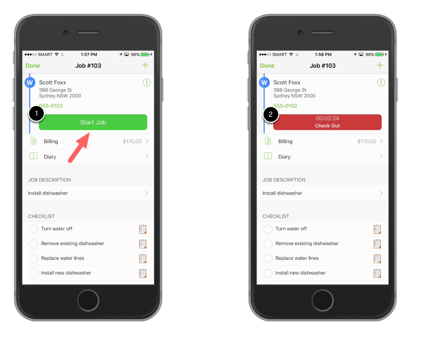 Tap Start Job to check in to the job