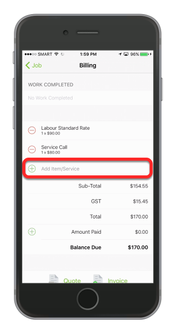 In the billing screen, tap Add Item/Service