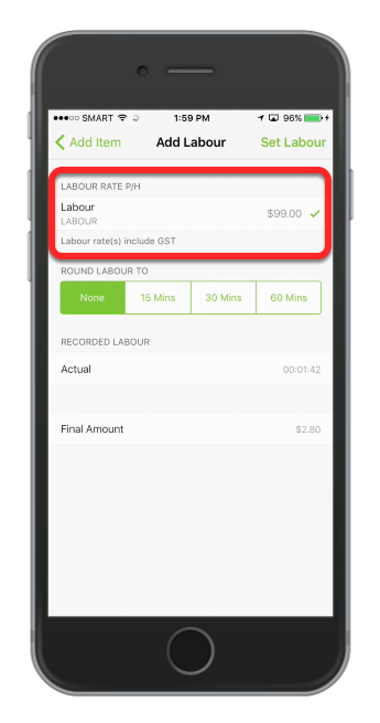 Tap to select the appropriate labour rate from the list of labour items