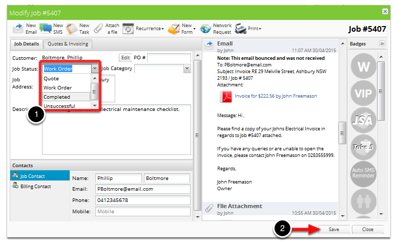 Change the job status to Completed, click Save