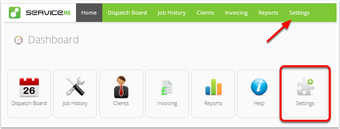 Settings menu in online dashboard