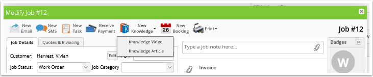 New Knowledge option from job card