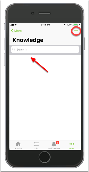 Knowledge search and create screen in app