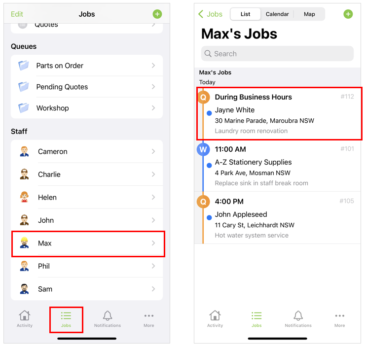 see staff member jobs in app