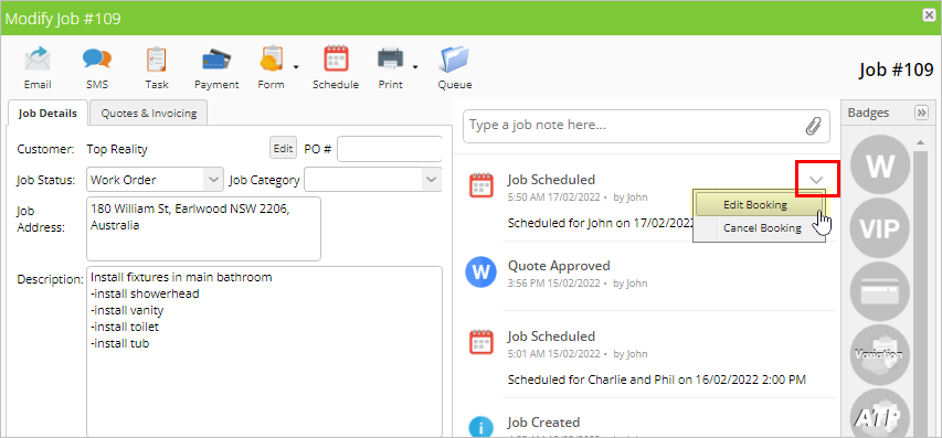 open edit booking from job card