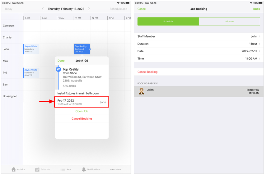 opening the Job Booking in iPad