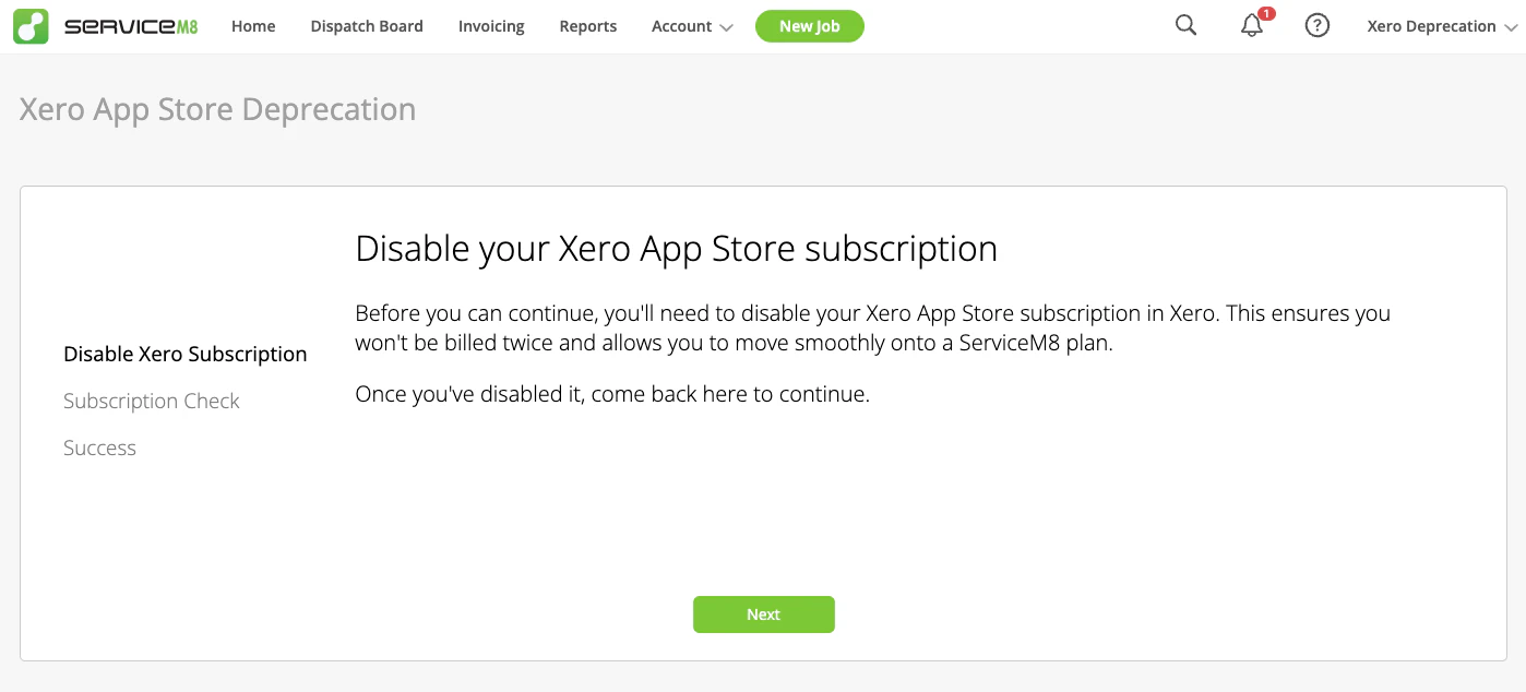 Disable your Xero App Store subscription screen in ServiceM8
