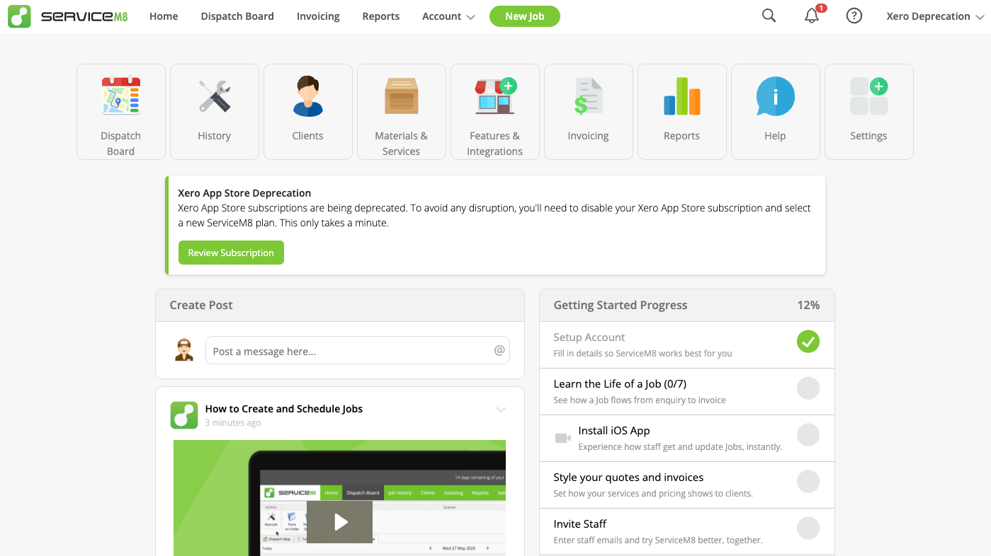 Xero App Store deprecation notice in ServiceM8 Home